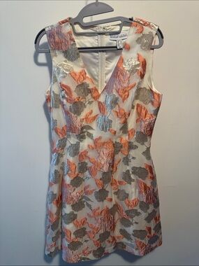 Badgley Mischka Coral & Silver Floral V-Neck Jacquard Mini Dress